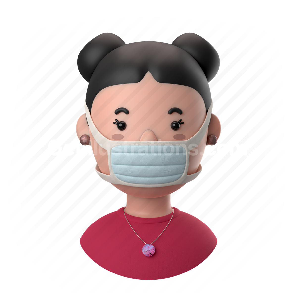 woman, female, person, people, buns, earrings, face mask, mask, necklace